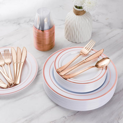 Goodluck Disposable Rose Gold Plastic Silverware Set for Wedding, Party, Valentines