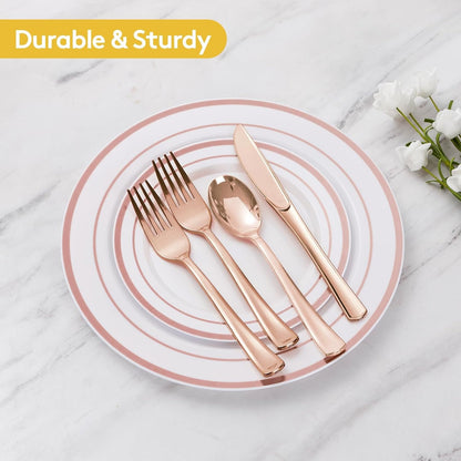 Goodluck Disposable Rose Gold Plastic Silverware Set for Wedding, Party, Valentines