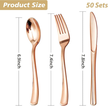 Goodluck Disposable Rose Gold Plastic Silverware Set for Wedding, Party, Valentines