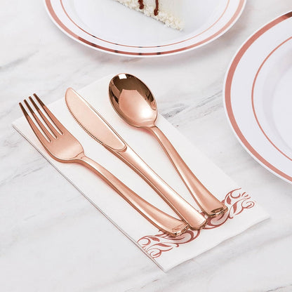 Goodluck Disposable Rose Gold Plastic Silverware Set for Wedding, Party, Valentines