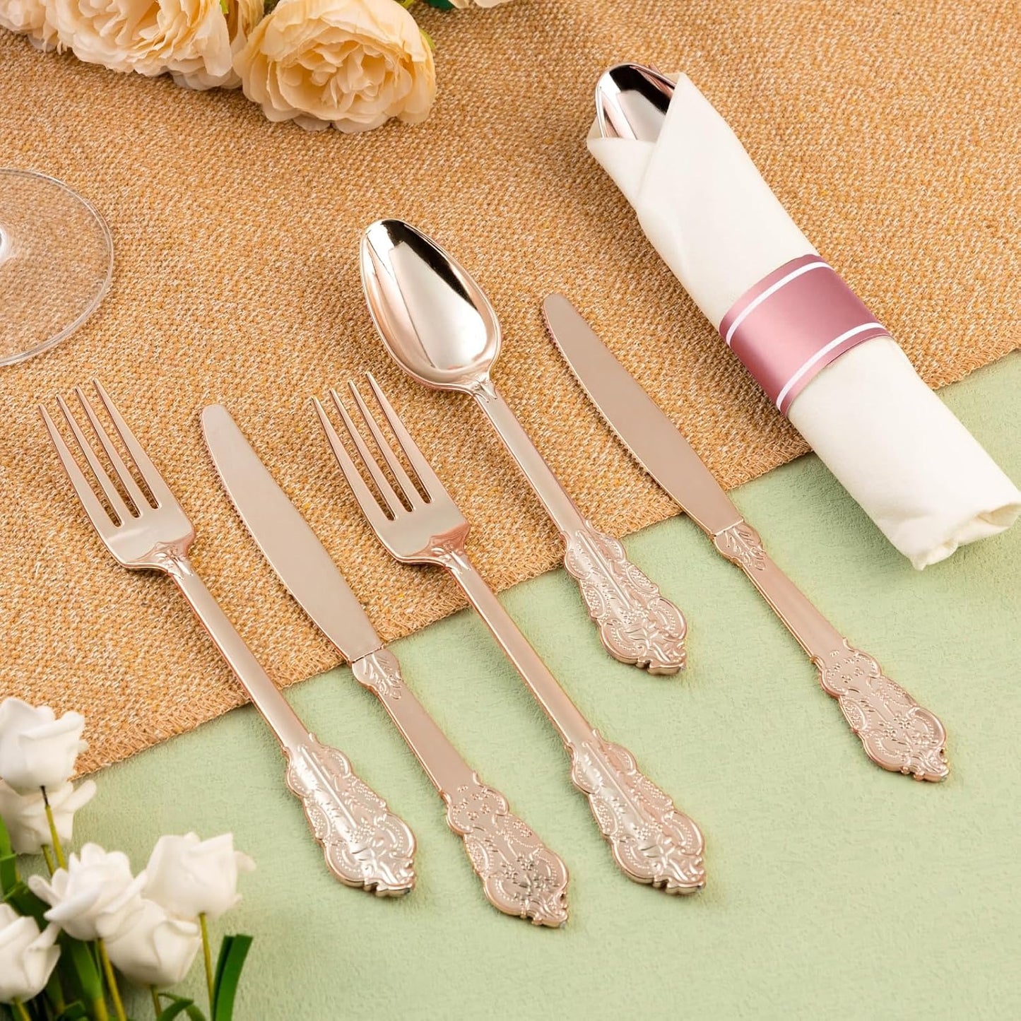 Goodluck Heavy Duty Rose Gold Disposable Plastic Utensil Sets Perfect for Wedding or Party