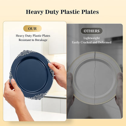 Goodluck 100PCS Heavy Duty Disposable Navy Blue Plastic Plates with Vintage Silver Trim for Weddings, Parties, Events