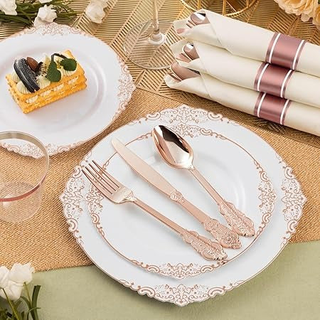 Goodluck Heavy Duty Rose Gold Disposable Plastic Utensil Sets Perfect for Wedding or Party