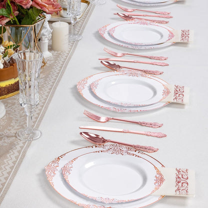 Goodluck 100PCS Heavy Duty Disposable Rose Gold Plastic Plates with Vintage Silver Trim for Weddings, Parties, Events