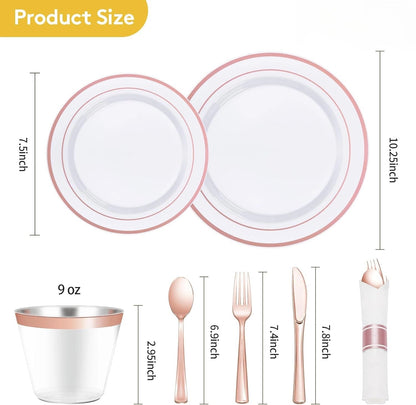 Goodluck Disposable Rose Gold Plastic Dinnerware Set with Pre-Rolled Napkins