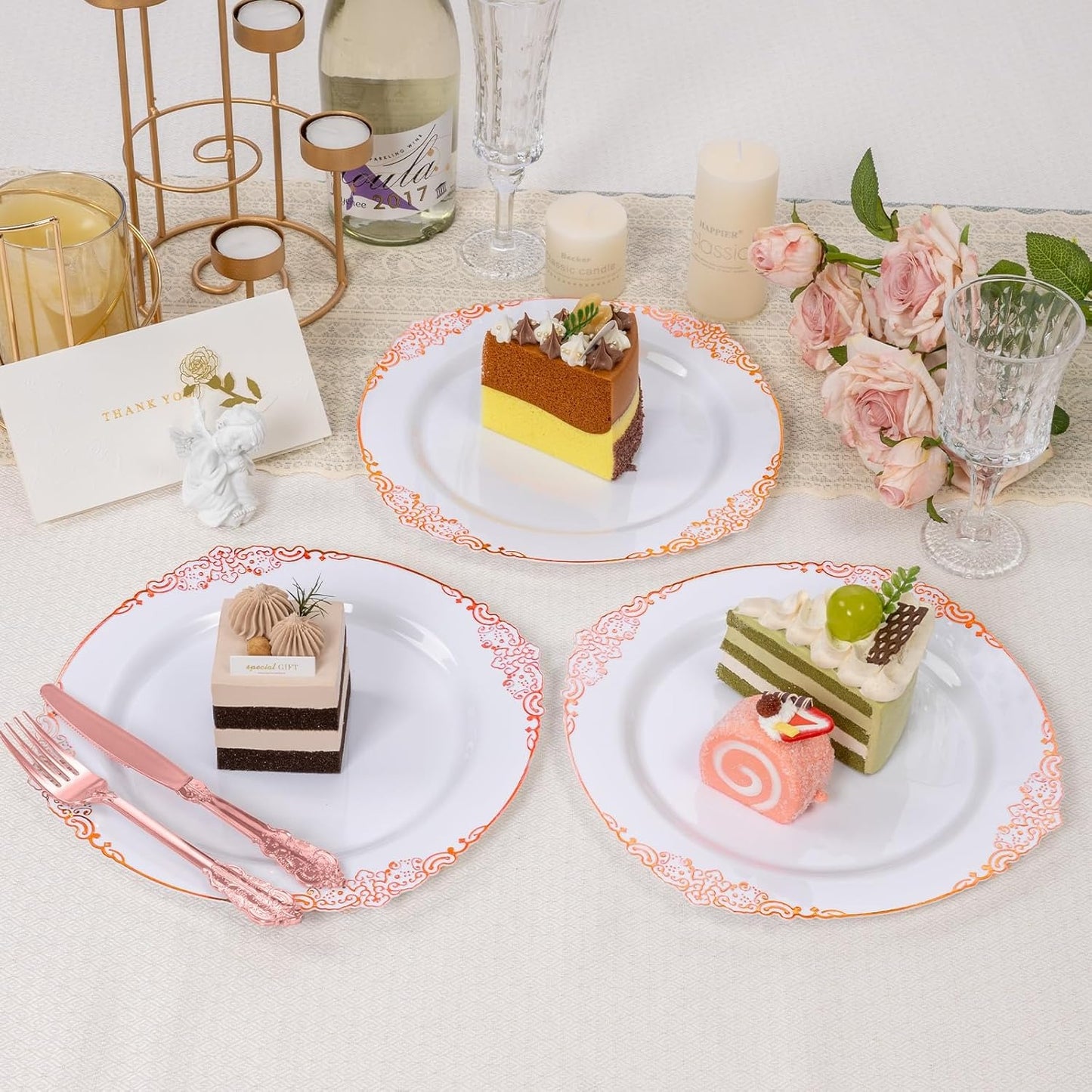 Goodluck 100PCS Heavy Duty Disposable Rose Gold Plastic Plates with Vintage Silver Trim for Weddings, Parties, Events