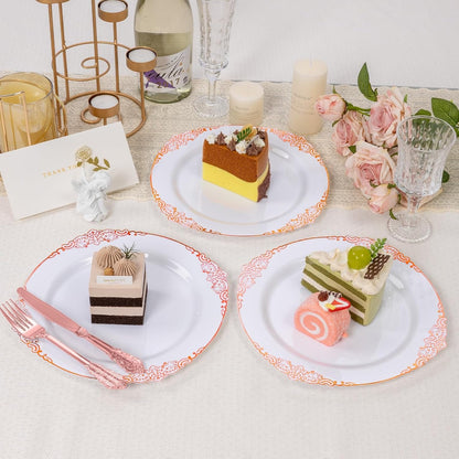 Goodluck 100PCS Heavy Duty Disposable Rose Gold Plastic Plates with Vintage Silver Trim for Weddings, Parties, Events