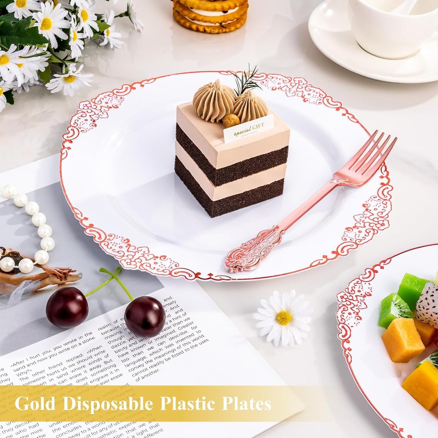 Goodluck 100PCS Heavy Duty Disposable Rose Gold Plastic Plates with Vintage Silver Trim for Weddings, Parties, Events