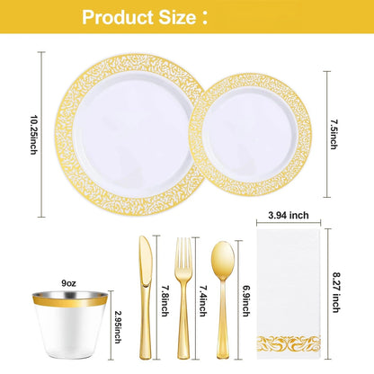 Goodluck Disposable Plastic Dinnerware Set with Gold Embossed Patterns