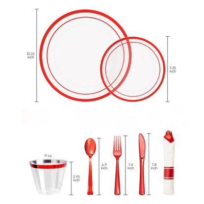 Goodluck 350 Piece Disposable Clear with Double Red Rim Plastic Dinnerware Set for Party, Christmas, Graduation, Wedding
