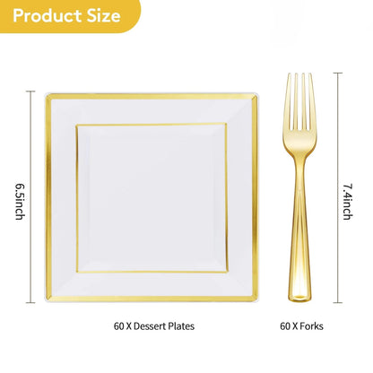 Goodluck Square White with Gold Rim Plastic Plates with Forks