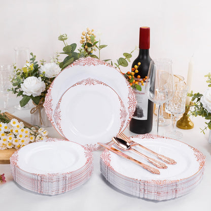 Goodluck 100PCS Heavy Duty Disposable Rose Gold Plastic Plates with Vintage Silver Trim for Weddings, Parties, Events