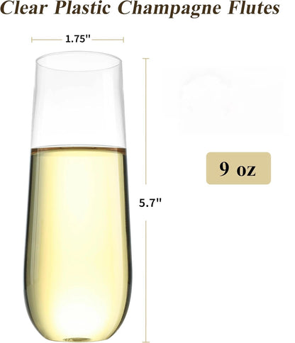 Goodluck 9 oz Disposable Stemless Clear Plastic Champagne Flutes for Party,Graduation,Wedding