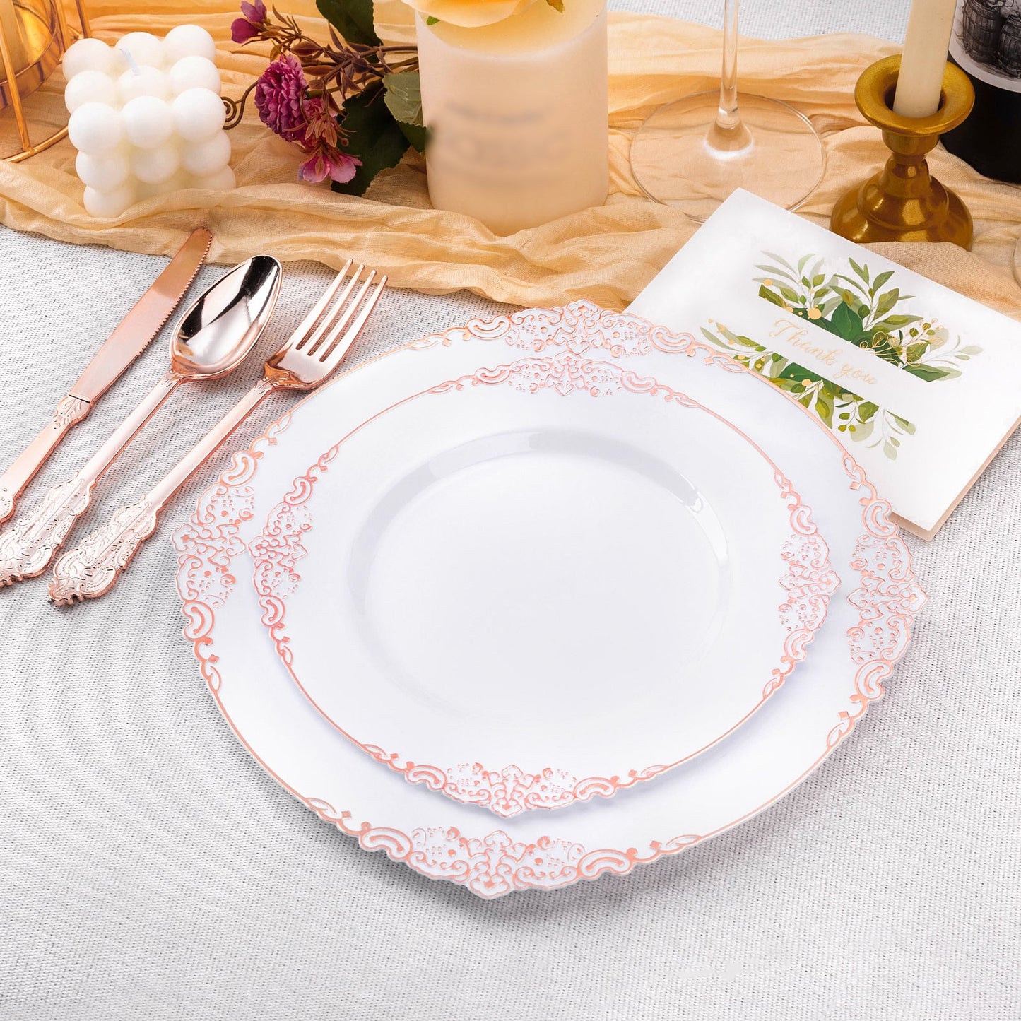 Goodluck 100PCS Heavy Duty Disposable Rose Gold Plastic Plates with Vintage Silver Trim for Weddings, Parties, Events