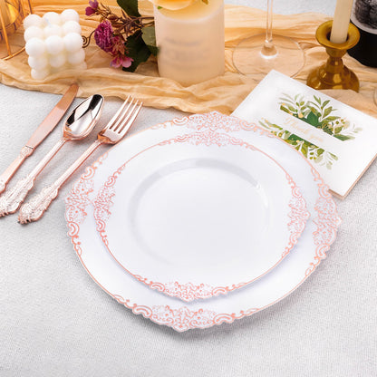 Goodluck 100PCS Heavy Duty Disposable Rose Gold Plastic Plates with Vintage Silver Trim for Weddings, Parties, Events