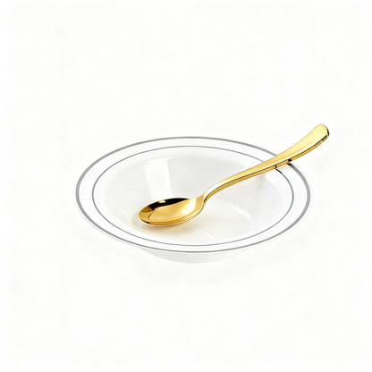 Durable and Sturdy 12-Ounce Disposable Bowls with Gold Spoon for ice cream, soup, fruit, and daily use