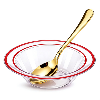 Durable and Sturdy 12-Ounce Disposable Bowls with Gold Spoon for ice cream, soup, fruit, and daily use