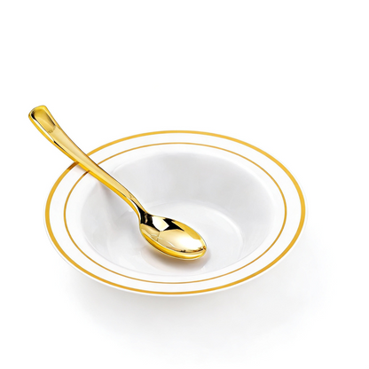 Durable and Sturdy 12-Ounce Disposable Bowls with Gold Spoon for ice cream, soup, fruit, and daily use