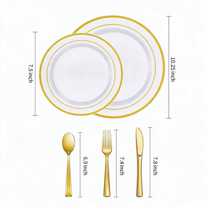Disposable Plastic Plates for Parties and Weddings, Includes: Dinner Plates, Dessert Plates, and Sets of Gold Cutlery.