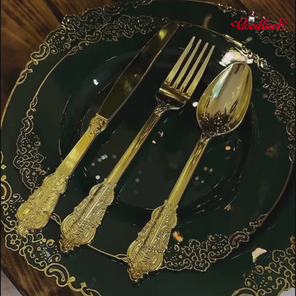 Goodluck 350 PCS Disposable Retro Green with Gold Rim Plastic Dinnerware Set