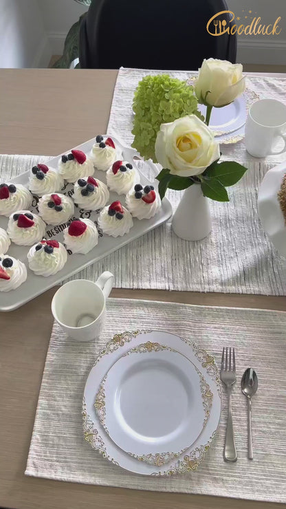 Goodluck Disposable White and Gold Plastic Plates for Party, Wedding and Graduation