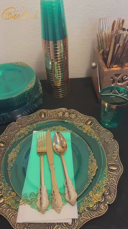 Goodluck Disposable Clear Green Plastic Dinnerware Sets