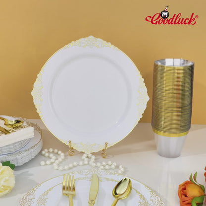 Goodluck Disposable Retro White with Gold Rim Plastic Dinnerware