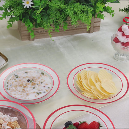 Goodluck 100 Pack 12oz Disposable Clear with Red Rim Plastic Soup Bowls for Christmas, Parties, Dinners, Catering, Thanksgiving and Everyday Use