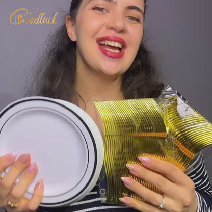 Goodluck Disposable Dessert Plates Gold with Plastic Forks for Party