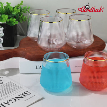 Goodluck 36 Pcs 12 oz Plastic Glasses Clear with Gold Rim Ribbed Wine Glasses for Champagne and Whiskey