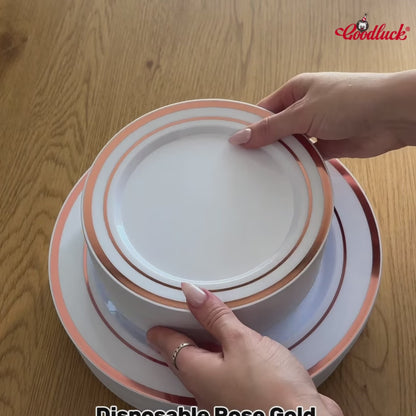 Goodluck Disposable Rose Gold Plastic Dinnerware Set with Pre-Rolled Napkins