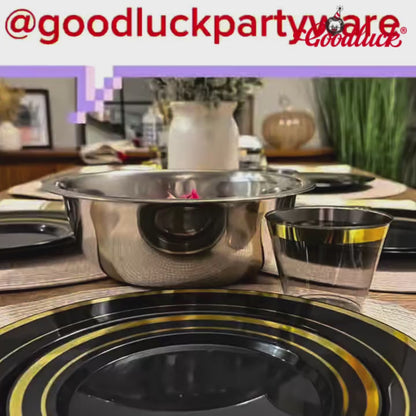 Goodluck 350PCS Disposable Black with Gold Rim Dinnerware Set for party 50 Guests