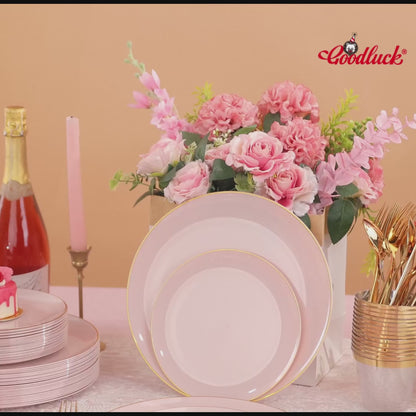 Goodluck 100PCS Disposable Pink Gold Plastic Plates for Party, Wedding, and Graduation