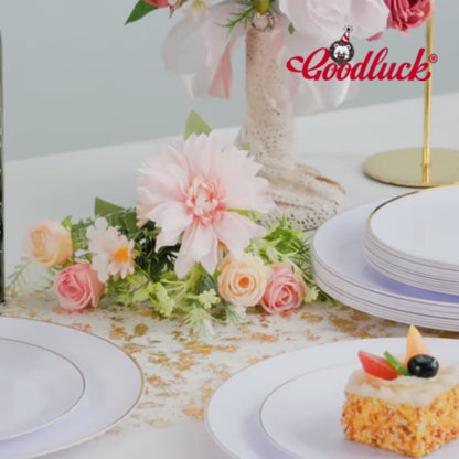Goodluck 350 Pieces Disposable White with Gold Rim Plastic Dinnerware Set