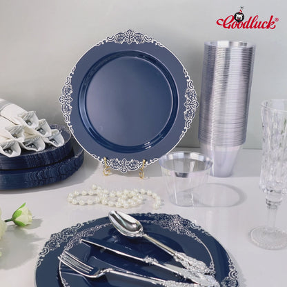 Goodluck Disposable Navy Blue Pre-Rolled Napkins Plastic Dinnerware Sets for Party, Wedding and Graduation