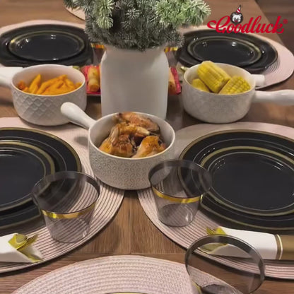 Goodluck 350PCS Disposable Black with Gold Rim Dinnerware Set for party 50 Guests