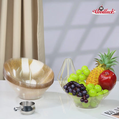 Goodluck 12 Pack 54oz Angled Disposable Clear with Gold Glitter Serving Bowls for Chips, Snacks, Fruit, Salad
